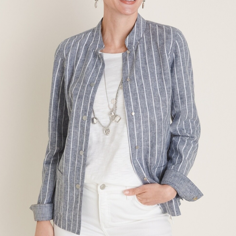 Chico's Navy and White Vertical-Stripe Snap Jacket